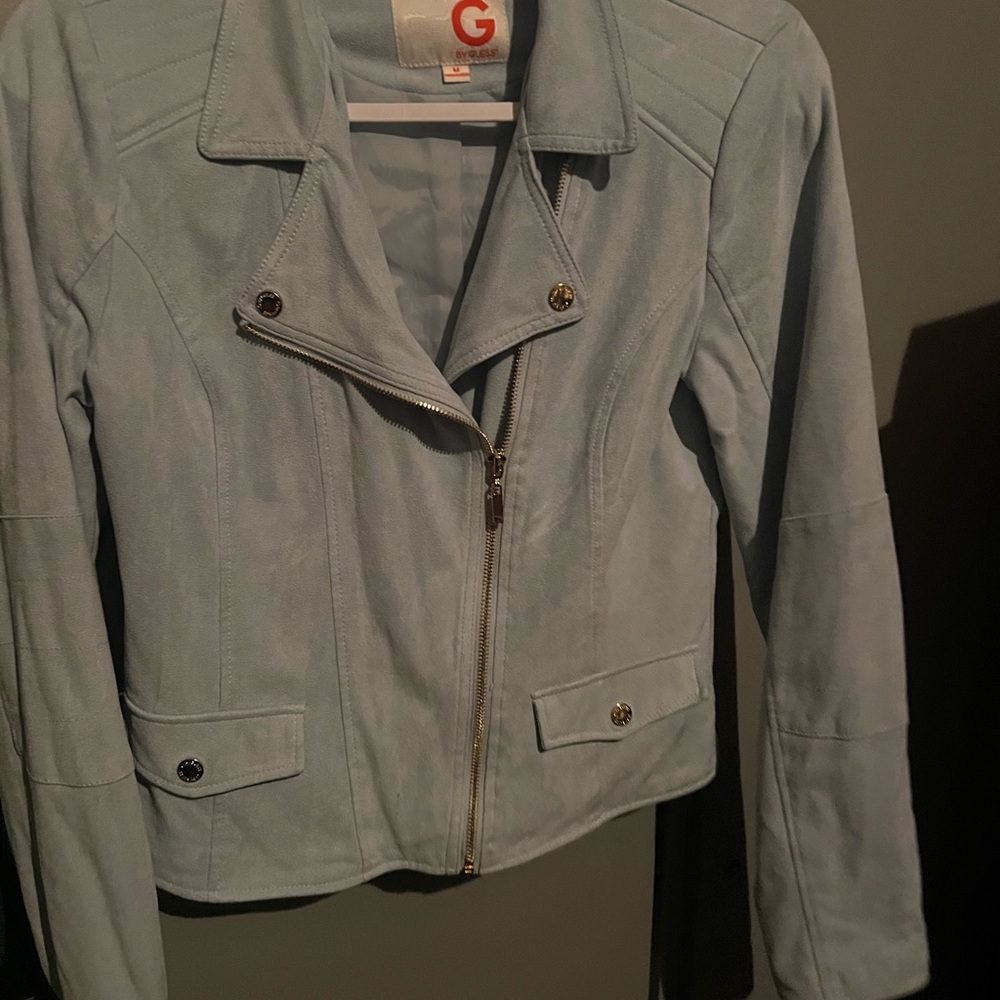 Stylish Blue Velour Cropped Moto Jacket